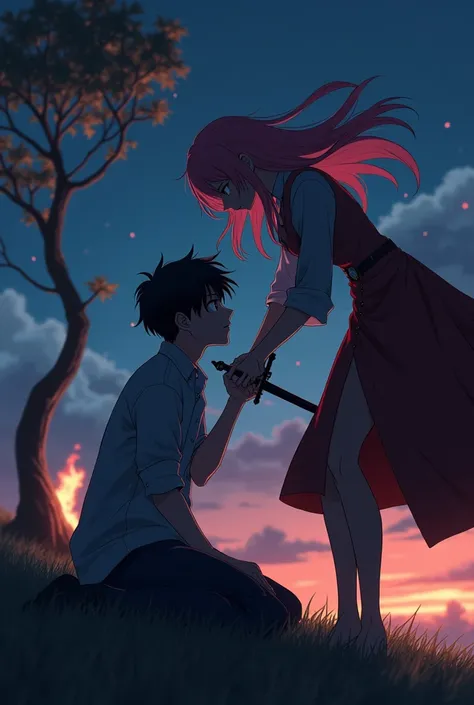 Anime 4k photo of a teen worrier king on his knees facing his older lover who puts an sword on his neck with a devilish look and her pinkish black hair fly on a small wind on a hill with one tree on fire at night with light only spotted on them 
