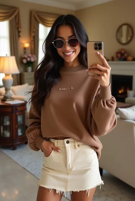 Luxury house women wear Aash small letters name sweatshirt brown with cream skirt denim realistic pic she take selfie front she as sunglaces