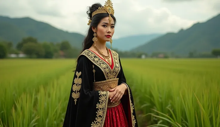 realistic and detailed, araffe pretty woman in a black and red dress with a gold crown, traditional beauty,wearing an ornate outfit,  javanese beauty, gorgeous woman, javanese costume, very very beautiful woman, javanese queen, big breasts, full body to to...