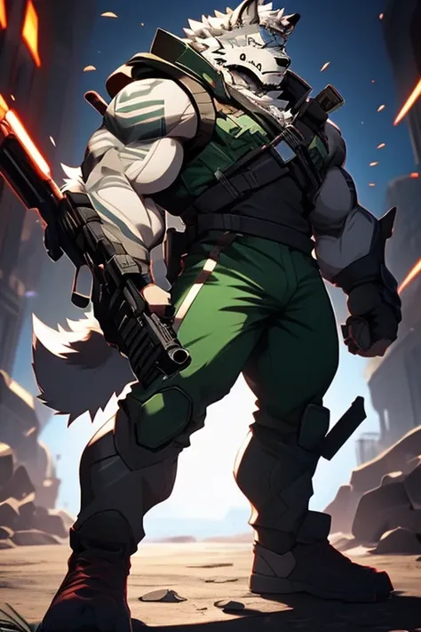 A Focused on the Right side And Only Upper Torso Body Picture of A Very Muscular Furry style Gray Wolf. he is wearing a green soldier Suit. he is looking down. his both hand are armimg his large gun. he is biting his very sharp teeth. he is very Angry. He ...