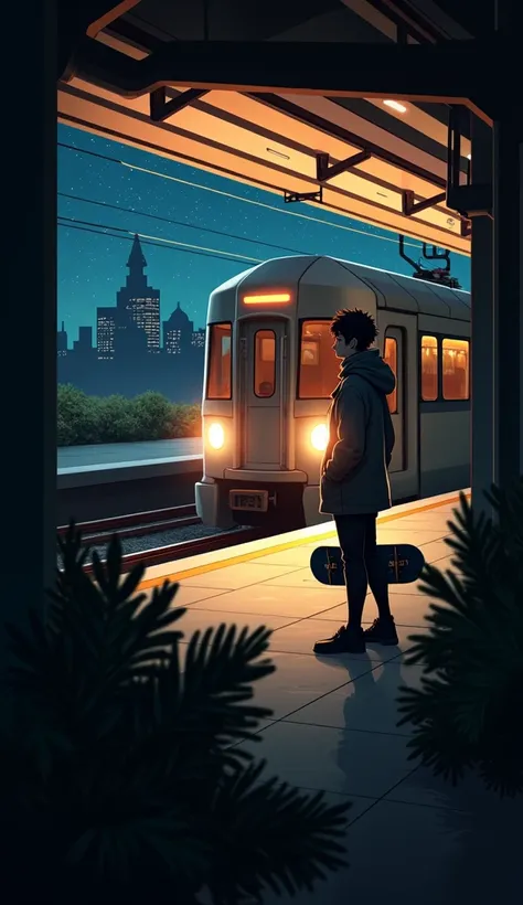 Aime illustration of a guy standing(back view) in a railway station with his headphone in front of a train nighttime scene at a modern train station with soft, glowing lights, and a person standing near a train. The starry sky is full of sparkling lights, ...