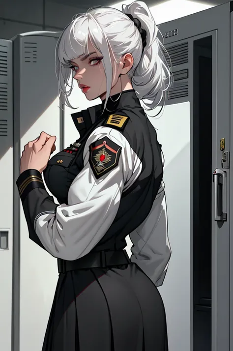 (Muscular woman), (pale skin) half white hair, half black hair, bangs, hair tied up, dark eyes, dark make up (detailed eyes), (detailed lips), military uniform, long skirt, uniform, Military uniform, futuristic uniform, sci fi, solo (best quality) locker r...