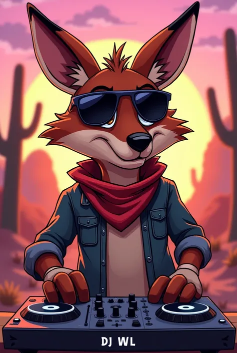 Um coyote em cartoon, Papalegua and Coyote animation style, with a casual look like a bandit, holding a mixer controller with the name DJ WL