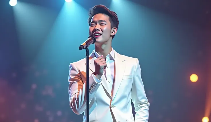 "Masterpiece, best quality, realistic. A handsome, fair-skinned Thai-Korean singer, aged 20-25, wearing a white suit and white pants, passionately singing an upbeat song on a vibrant concert stage while holding a microphone. In the background, The stage li...