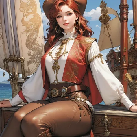 a 30-year-old redhead pirate captain, shoulder-length wavy hair, red bandana, large gold hoop earrings, loose long-sleeved white blouse, brown leather vest, belt with large square buckle, long brown pants, worn leather boots, holding a cutlass in a dramati...