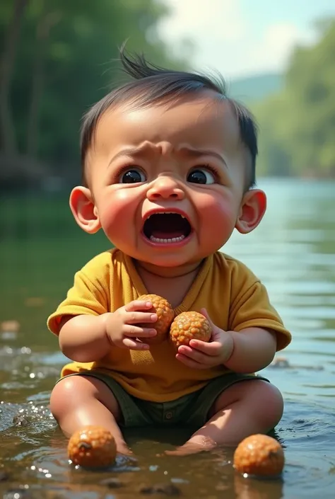 (photorealism:1.2) cute javanese baby crying loudly while eating meatballs on the river bank and being laughed at by fish in the water