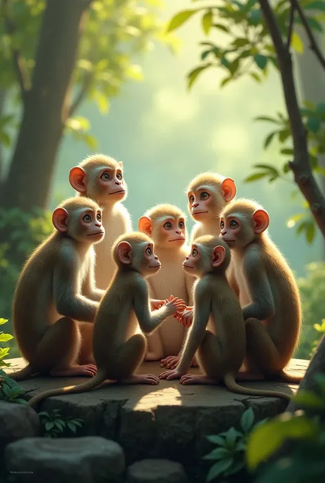 Nine monkeys sitting together 