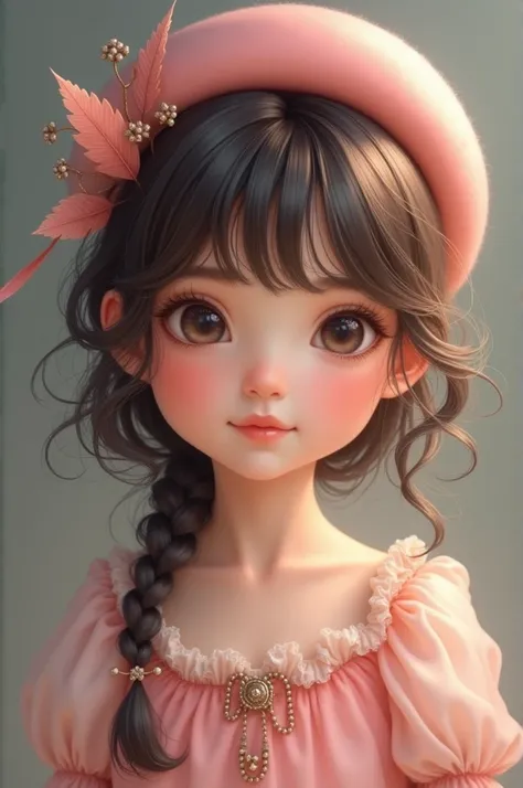 a girl with pink dress, curly hair with bangs and wearing a beret hat, not a whole body, from head to chest