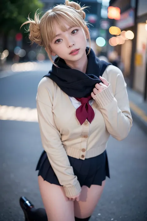 （blonde、himiko toga、white uniform shirt、navy blue uniform skirt、cardigan、red scarf、yellow eyes:1.3, dark eyeshadow:1.2、dark eyeliner:1.2, Patsun、twin tails、Bun head、thin eyebrows、black socks、black loafers））、NSFW、masterpiece、最high quality、high quality、grow、...