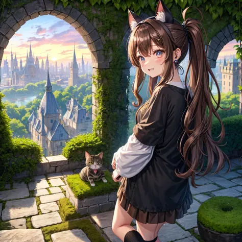 Rainbow brown hair、Rainbow Eyes、Wavy Hair、Hair tied up、Two cute、Checked mini skirt、Black T-shirt、Cat Ear Robe、Black knee-high socks、Headband、Teeth are visible、Monster Castle、Tilting face、lawn、In front of the city gates、Underground tunnels、The stone is crac...