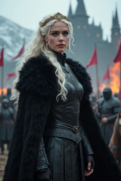 Targaryen Princess, with armor, in the midst of a battle full of soldiers and banners of the Targaryen house. Next to you, a dragon and in the background a black castle.work of art, impressive of a woman khls,  wearing armor and a gothic photo portrait (he...