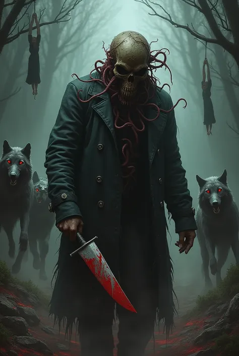 A mysterious man with a half skull head and worms coming out of his head, wearing blood-stained clothes and holding a huge knife. In the background, there are wild wolves with red eyes.
In addition to people hanging by their feet 