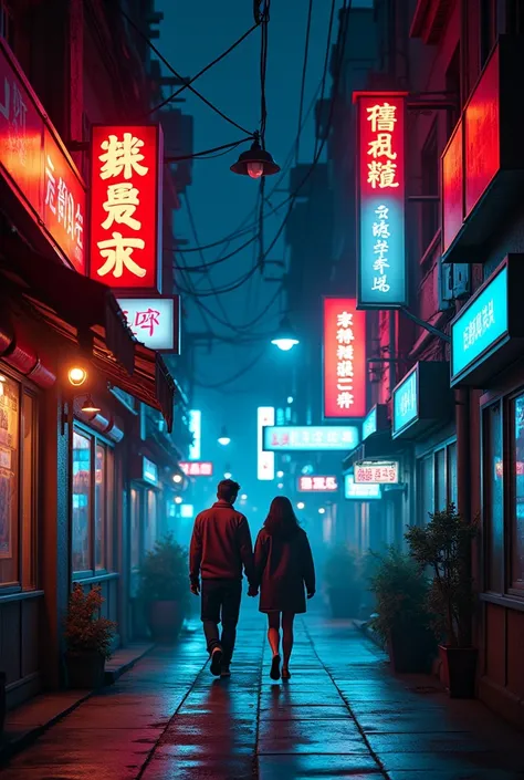 A night city street photography with vibrant neon lights from various storefronts, including a red sign reading ROL SAN RESTAURANT and other neon signs in English and Chinese. The lighting creates a moody, cyberpunk atmosphere with dark shadows and a stron...