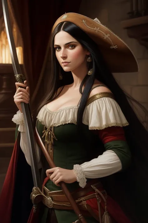 detailed realistic portrait of a beautiful young woman with long silky black hair, green eyes, and a seductive pirate expression, wearing a Spanish buccaneer outfit, holding a sabre in her hands, in a sensual pose, 4k, high resolution, extremely detailed, ...