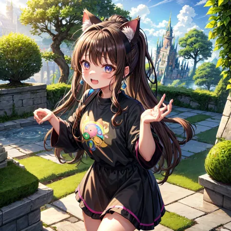 Rainbow brown hair、Rainbow Eyes、Wavy Hair、Hair tied up、Two cute、Checked mini skirt、Black T-shirt、Cat Ear Robe、Black knee-high socks、Headband、Teeth are visible、Monster Castle、Tilting face、lawn、In front of the city gates、Underground tunnels、The stone is crac...