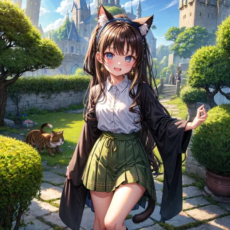 Rainbow brown hair、Rainbow Eyes、Wavy Hair、Hair tied up、Two cute、Checked mini skirt、Black T-shirt、Cat Ear Robe、Black knee-high socks、Headband、Teeth are visible、Monster Castle、Tilting face、lawn、In front of the city gates、Underground tunnels、The stone is crac...