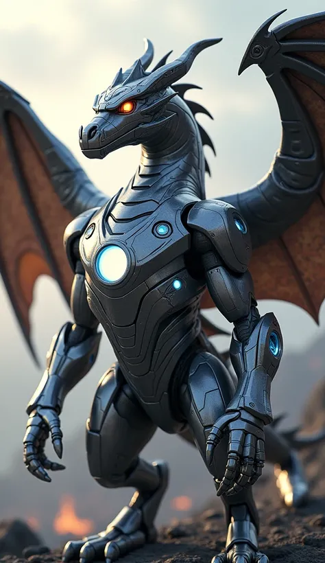  A hybrid fusion between a dragon and Iron Man. Imagine a majestic dragon with metallic, armor-like scales that resemble Iron Mans suit. The dragons body is sleek and streamlined, with glowing arc reactor elements integrated into its chest and wings. Its h...