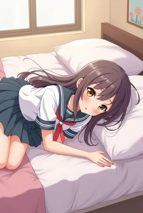 Anime girl in school uniform lying on her stomach on the bed 