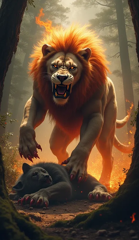 In a forest a Deadly Human Devil Lion has killed a Human Devil Wolf and is standing over him and screaming.image in real hd.