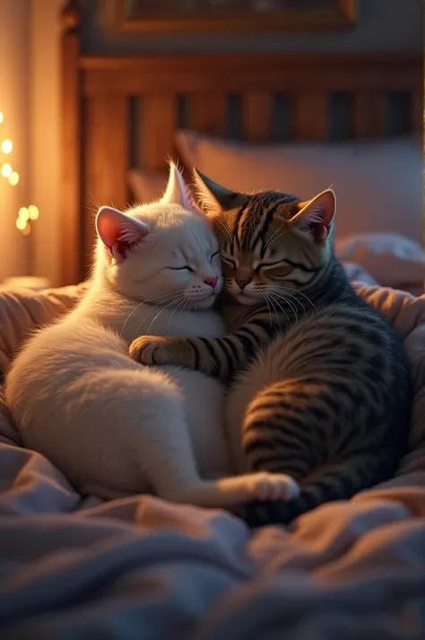 Two cats like humans a male and female sleeping in the bed at night hugging each other