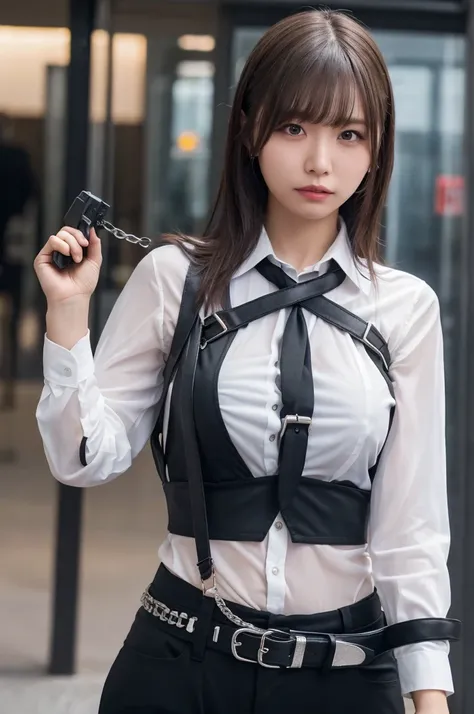 a woman in a suit, belt, hands behind back, sweating, suspenders, black pants, large breasts, see-through clothing, rain, detect...