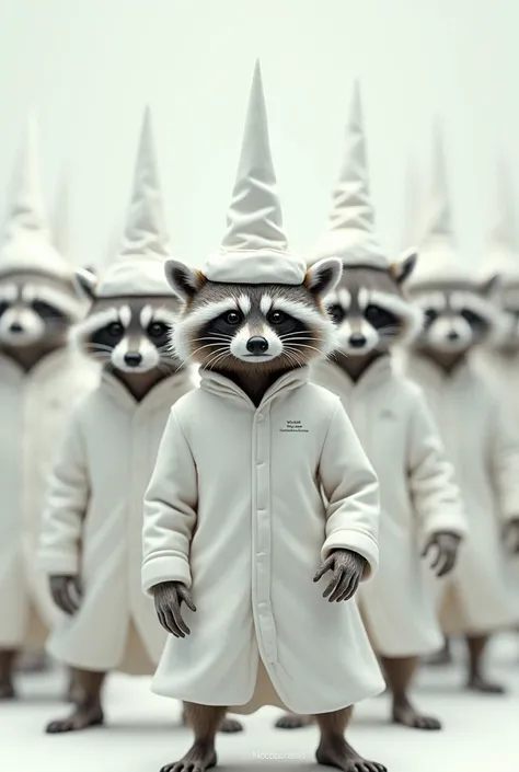 Racoons wearing all white with a pointy hat