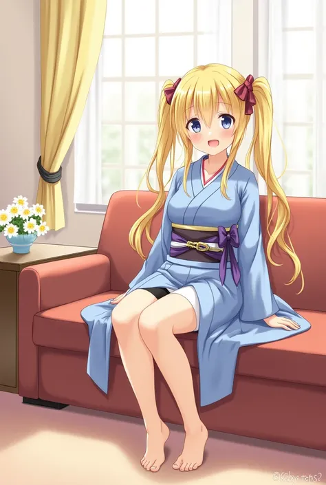 masterpiece, best quality,  1girls, sit on sofa, sun light, lobby, window, flower, (Washitsu background),uncensored, vaginal, sex, (cowgirl position:1.1), twintails, blonde hair, very long hair, blue kimono, small breasts, legwears, wear half ribbon  panti...