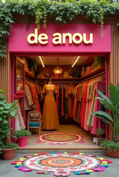 Dress shop which sells women western clothes for 1 kilograms for just 999 rupees and its name is DE ANOU  ,  in front of the shop there is a pookalam and they are wishing everyone a happy onam