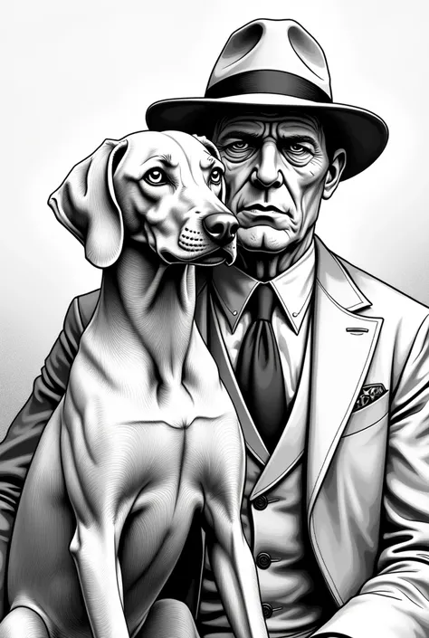 Beautiful big vizsla with big eyes close to the Queen in Peaky Blinders style as a comic coloring page in black and white