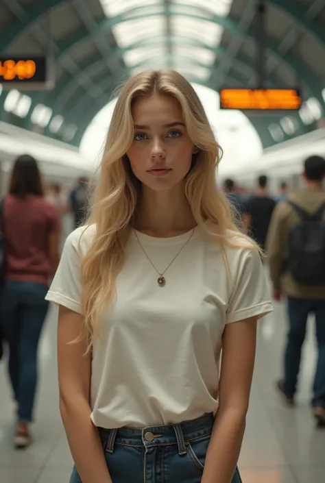 young blonde woman, fine, Long Hair, t-shirt, short, dans une gare