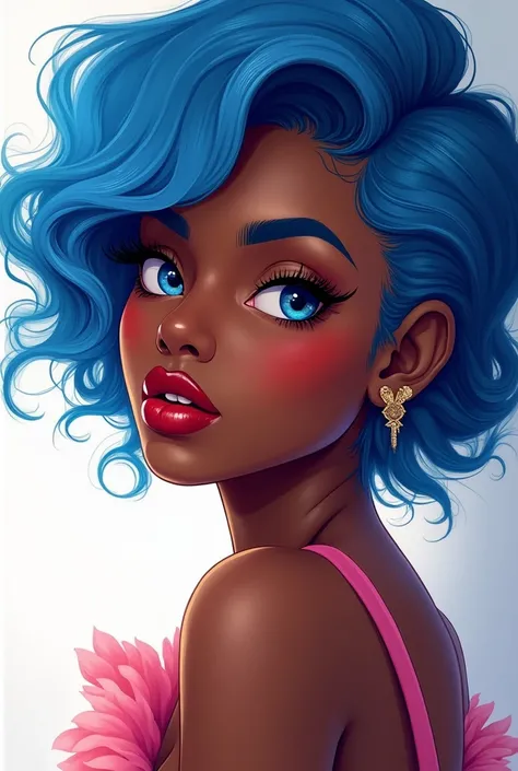 Black girl one side eyes blue hair white colour red colour lips
Ligh pink colour chic

