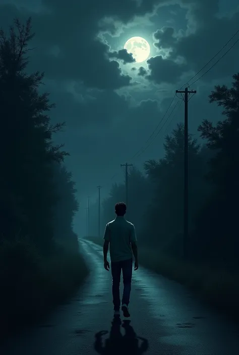 "A dark, cloudy night sky with thick clouds partially covering the moon, casting an eerie glow over a narrow, deserted rural road surrounded by trees. The road stretches into the distance with no one in sight. Dim light from far-away street lamps flickers,...