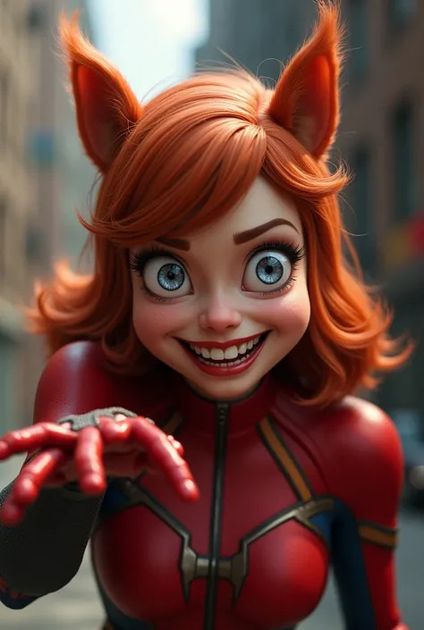 Full body shot of Emma Stone as Marvels Squirrel Girl. Cinematic, Photorealistic, Red Hair, Animal Ears, Squirrel Ears, Teeth, Sparkling Eyes, Heart In Eye, Confused, Smug, Crazy, Oral Invitation, 