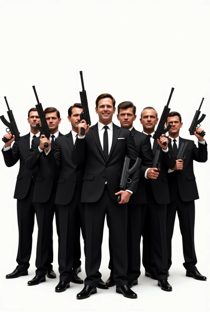 10 Lawyers group holding machine gun in black suit white background smiling in sarcastic wat