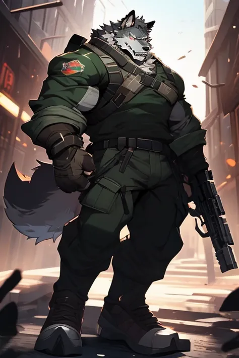 A Focused on the Right side And Upper Body Picture of A Very Muscular Furry style Gray Wolf. he is wearing a green soldier Suit. he is looking down. his both hand are holding his large gun. he is biting his very sharp teeth. he is very Angry. He is standin...