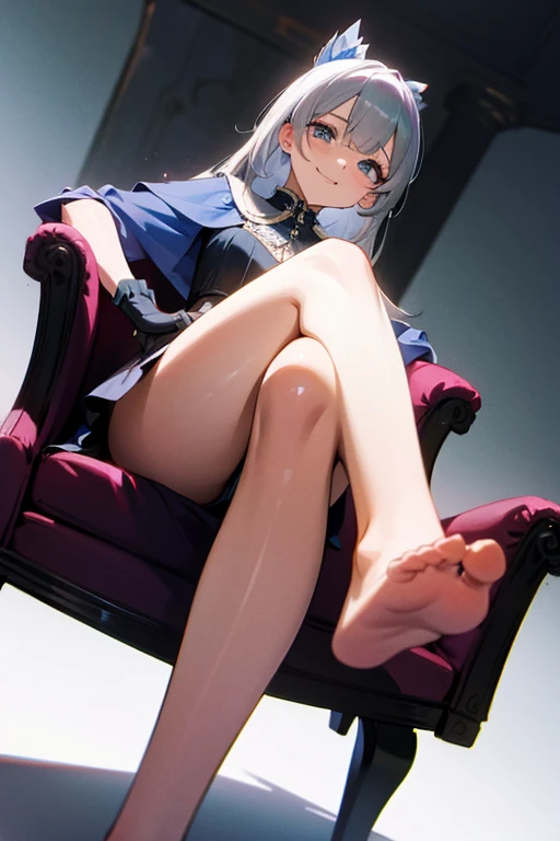 A woman is sitting on a chair,Crossing your legs, Gray Hair,mini skirt, barefoot,Patent leather long gloves, living, Looking down on you,Happy face, Close-up of the sole of the foot,