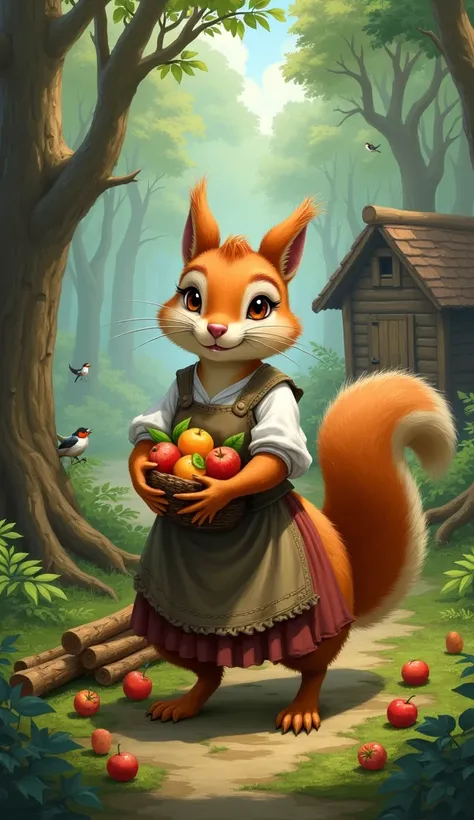 A female squirrel dressed as a peasant woman collects fruits and firewood from the forest away from a wooden house with a closed door.  