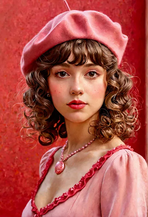 A adult girl in a pink dress, curly hair with bangs and wearing a beret hat, not a whole body maybe from head to chest only, her background is color red