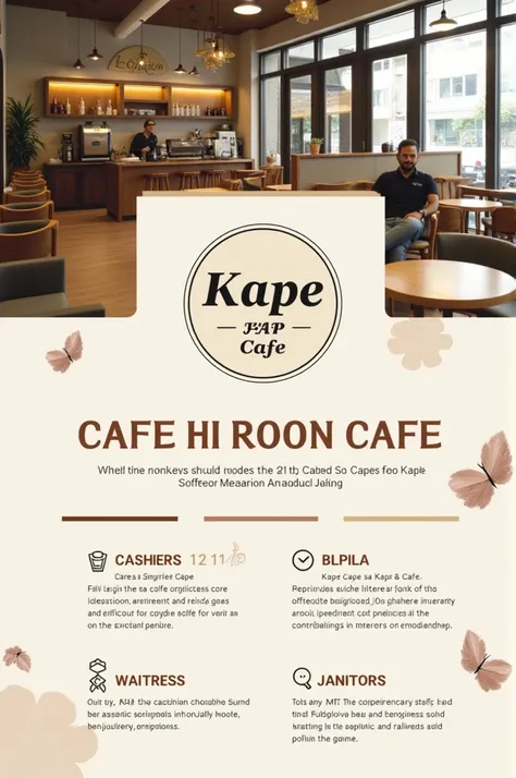 Create one slide about "We are hiring" and the business name is "Kape sa Kape Café" location is metro manila and job positions is cashier, waiter, waitress, janitor make the slides color beige brown and white 