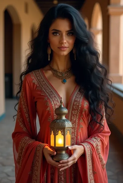 Une belle marocaine aux cheveux longs noir ondulés, portant une robe marocaine, tenant une lanterne arabe  et la montrant au spectateur.