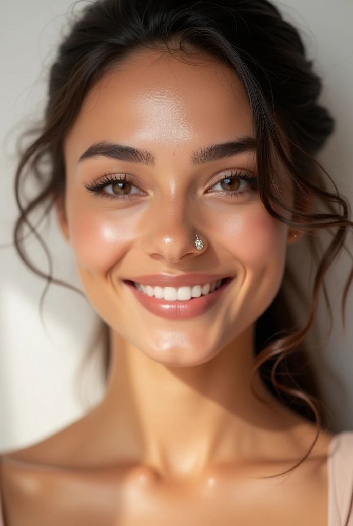 Create a high-resolution image of a beautiful Indian face model for a cosmetic products advertisement. The model should have flawless, radiant skin with a natural glow. She should have expressive eyes, well-defined cheekbones, and a warm, inviting smile. T...