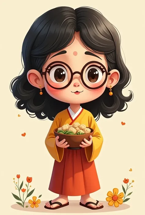 Myanmar Traditional cartoon Girl with Curly hair, round face and glasses who hold the bowl
