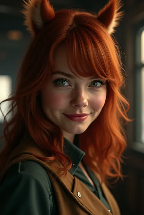 Full body photo of Emma Stone as Marvels Squirrel Girl. Cinematic, Photorealistic, Red Hair, Animal Ears, Squirrel Ears, Teeth, Oral Invitation, 