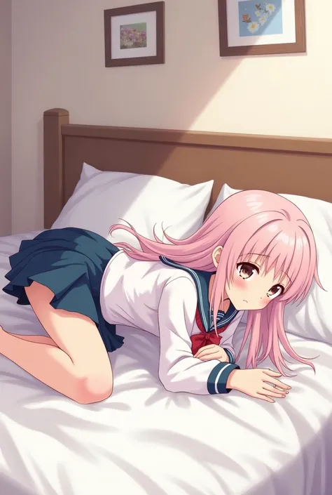 Anime girl in school uniform lying on her stomach on the bed 