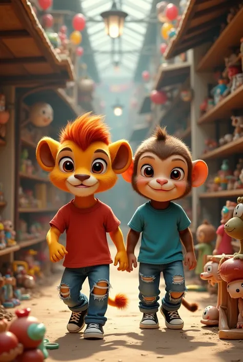 A cartoon lion cub nanmed Seruwith large, expressive eyes anda vibrant red mane, wearing ared t-shirt, ripped jeans, andblack sneakers, stands beside

cartoon monkey cub namedChintu, with the same largeeyes and red mane, wearing ablue t-shirt, ripped jeans...