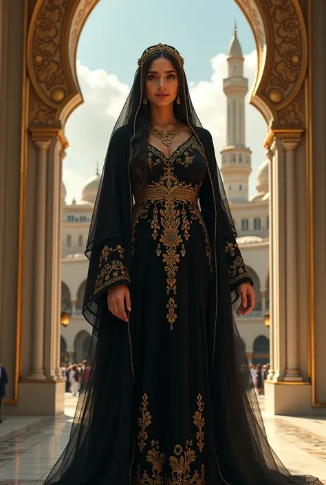 (photorealism:1.2), beautiful moslem arabian woman(big curve body), wearing black golden motif line dress, standing at the gates of mekkah moque, relaxed pose, cute smile, realistic, intricate details, bright colors, by Greg Rutkowski, by Alphonse Mucha