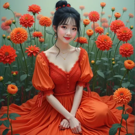 Photorealistic cinematic acrylic painting, with beautiful Korean women with smooth white skin and perfectly maintained faces, black hair bun up Korean style with bangs,eye accessories looking at the camera posing smiling holding a bunch of red orange dahli...