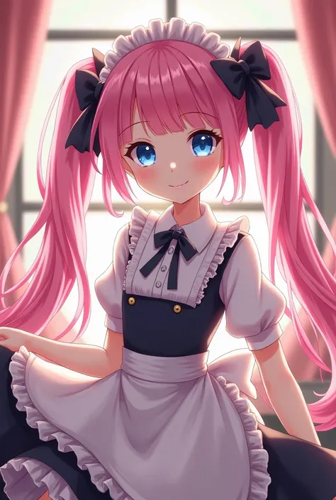 A cute maid with pink hair in twin tails, wearing a black ribbon, with beautiful detailed blue eyes, a cheerful expression, and a slim figure, in a detailed background, high quality, absurdly high resolution, very aesthetic, newest