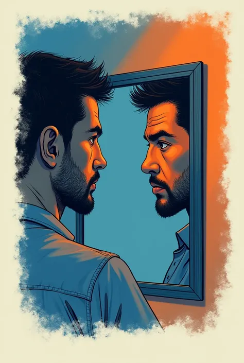 ration in square, no colors but slight of blue and a bit of orange, line art, face of guilty man looking at the mirror, symbolizing self-reflection and change.