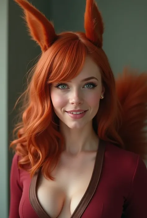 Full body photo of Emma Stone as Marvels Squirrel Girl. Cinematic, Photorealistic, Red Hair, Animal Ears, Squirrel Ears, squirrel tail, Teeth, Oral Invitation, 1girl, Solo, Breasts, Large breasts, Portrait Photography, 